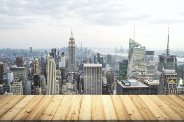 Table top made of wooden dies with New York city view on background, template