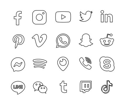 Popular social media icons collection. Thin line art graphic design for your projects. Instagram, Twitter, Facebook, twitch, YouTube 