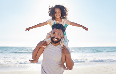 Father, child and piggyback on the beach for summer vacation or holiday love or family and kid smile on a seaside for quality bonding time. Happy, dad and kid relax on nature or travel adventure