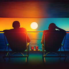 Obraz premium Silhouette of Two People Watching a Sunset Onboard a Cruise Ship Generative AI