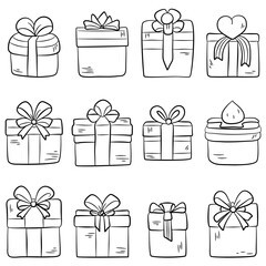 Gift boxes doodle set. Vector illustration isolated on white background.