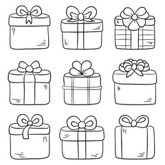 Gift boxes doodle set. Vector illustration isolated on white background.
