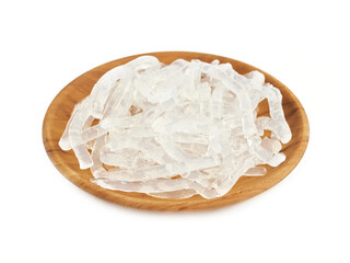 clear kelp seaweed noodle in wood plate isolated on white background. clear kelp seaweed noodle in wood plate. pile of clear kelp seaweed noodle in wood plate
