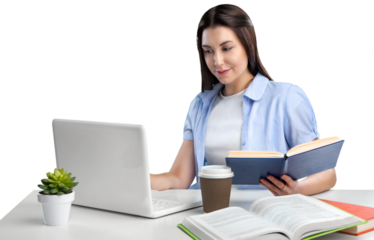 Young female student working in an office