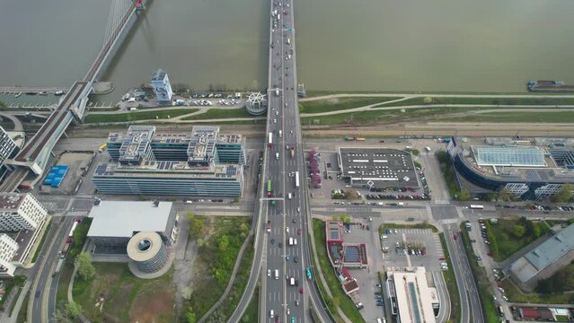 Vienna, Austria. Aerial View of Prater Bridge Traffic, Danube Island and Buildings, Drone Shot