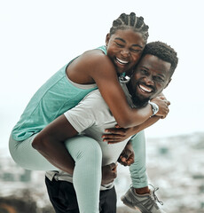 Black people, piggyback and couple hiking outdoor with smile and fitness in portrait. Excited,...