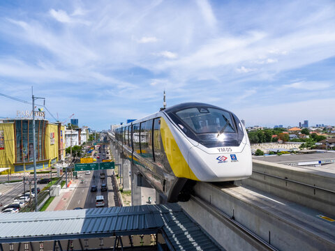 Bangkok, Thailand - June 4, 2023: Thailandâ€™s first fully automated and driverless Yellow Line elevated monorail trial run on Bangkok to Samrong station in Samut Prakan