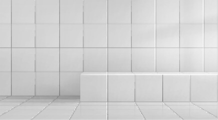 White ceramic tiles on wall and floor. Vector realistic illustration of bathroom, shower, toilet room interior design at home, hospital, hotel. Platform mockup for cosmetic product presentation