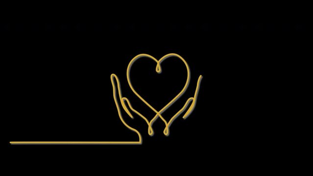 Human hands and heart self drawing animation. Charity and love concept. Black background. Yellow golden line color.
