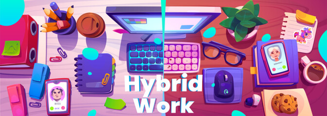 Hybrid work concept workplace top view. Vector cartoon illustration of desk with computer, smartphone, notepad, folder with documents, coffee and snacks. Combination of working at office and from home