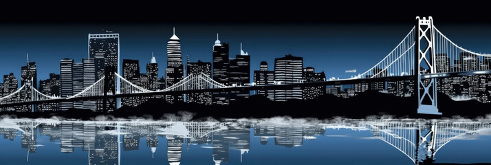 Obraz premium San Francisco city panorama, urban landscape. Business travel and travelling of landmarks. Illustration, web background. Buildings silhouette. United States - Generative AI