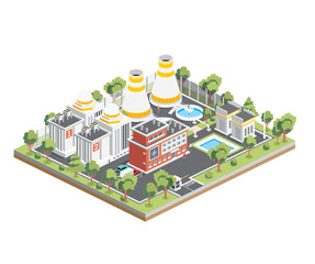 Isometric Nuclear Power Plant. Clean Energy. Generate Electricity. Exterior View of Nuclear Reactor.