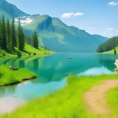 Lake with sidewalk track beautiful landscape of mother nature