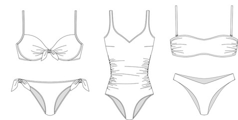 Woman sustainable swimwear, technical drawing, template, sketch, flat, mock up. Recycled PA, Recycled PES, Lycra fabric bikini front view, white color