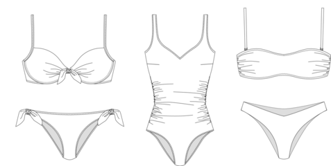 Woman sustainable swimwear, technical drawing, template, sketch, flat, mock up. Recycled PA, Recycled PES, Lycra fabric bikini front view, white color