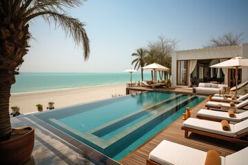 Fototapeta na wymiar Luxury villa at beachside retreat featuring a sublime sea view, swimming pool, serene terrace, idyllic vacation. Generative AI