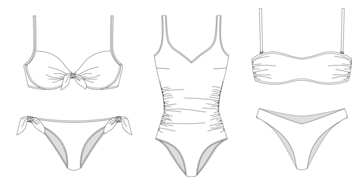 Woman sustainable swimwear, technical drawing, template, sketch, flat, mock up. Recycled PA, Recycled PES, Lycra fabric bikini front view, white color