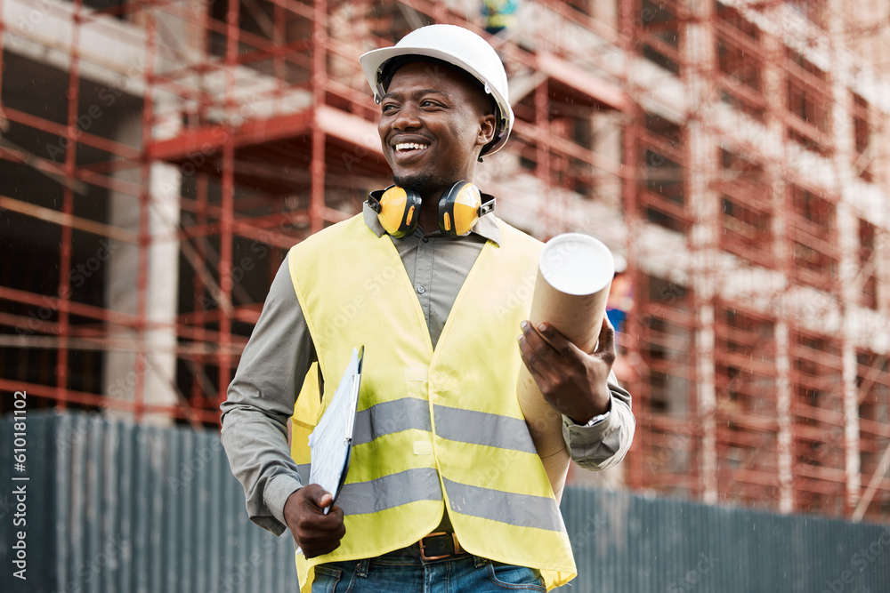Aufkleber architect, black man and thinking outdoor at construction site building with a smile for future. hap