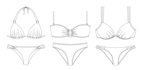 Woman sustainable swimwear, technical drawing, template, sketch, flat, mock up. Recycled PA, Recycled PES, Lycra fabric bikini front view, white color