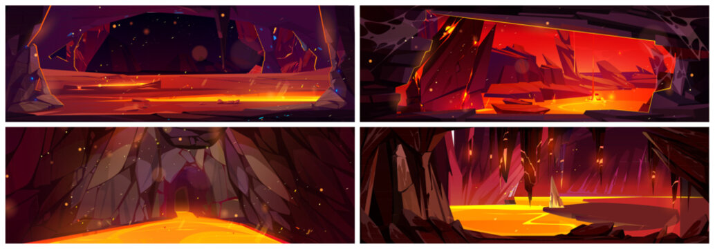 Volcano lava hell rock cave view fantasy game cartoon background set. mysterious and dangerous flowing molten hot magma level adventure design. Ground crack with liquid fire river flow terrain surface