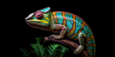 Fototapeta premium Chameleon on black background. Generative AI