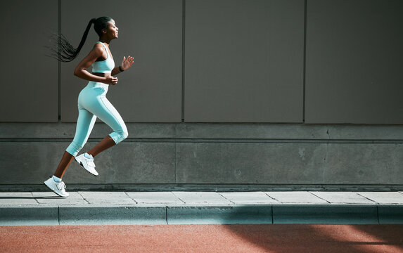 Black woman, run and city sidewalk with training, exercise and fitness on urban road. Street, runner profile and female athlete with mockup and running workout for health, wellness and race outdoor