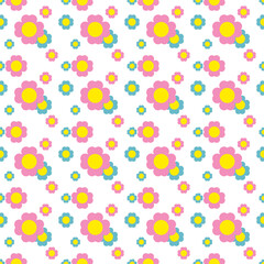 Pink four petal flower, blue, small, large, seamless pattern