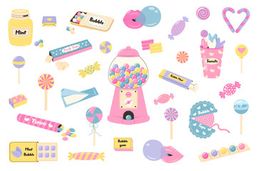 Sweets set. Cartoon bubble gum, candy and lollipops collection. 