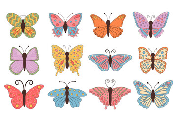 Groovy retro butterfly set in 60s 70s style. Hippie Boho Summer butterflies 