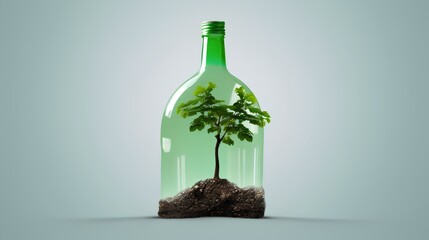 Green plant thriving inside a glass bottle. A metaphor for the resilience of life and symbolizes the need for environmental care and preservation. Generative AI