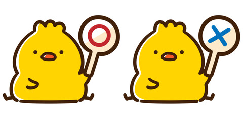 マルとバツのプレートを掲げるかわいいひよこのキャラクターイラストセット © choconasu