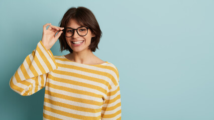 Smiling woman in glasses with copy space