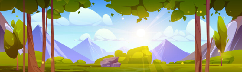 Spring mountain nature and green forest plants vector landscape illustration. Summer hill cartoon scenery with stone peaks, cloud and sun beam. Sunny valley near ridge with tree and bush