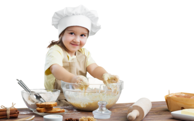 Happy loving mother and child cooking are preparing bakery