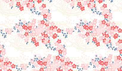 桜色の桜と流水のシームレスパターン背景透過

