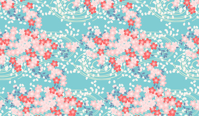 桜色の桜と流水と水色背景のシームレスパターン
