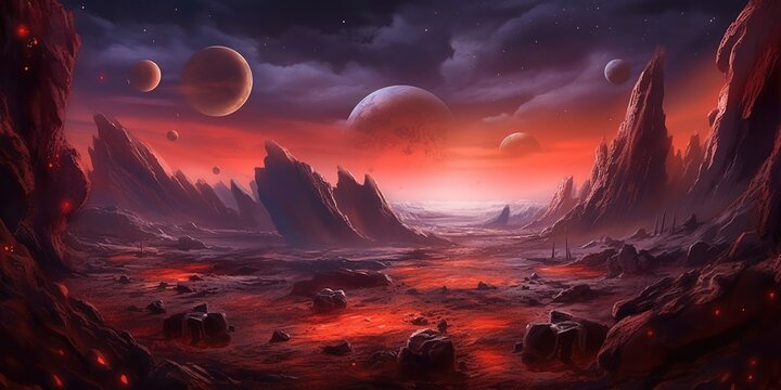 Fototapeta Fantastic red landscape of alien planet with rocks, flying stones and glowing red spots. Illustration of cosmos space and planet surface panorama for computer game background