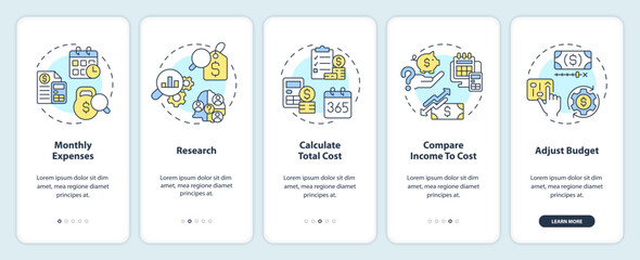 Calculate costs of living onboarding mobile app screen. Basic need walkthrough 5 steps editable graphic instructions with linear concepts. UI, UX, GUI template. Myriad Pro-Bold, Regular fonts used