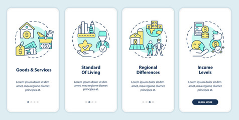 Cost of living concepts onboarding mobile app screen. Social issue walkthrough 4 steps editable graphic instructions with linear concepts. UI, UX, GUI template. Myriad Pro-Bold, Regular fonts used
