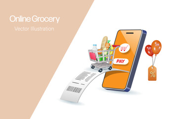 Online grocery service.  Shopping trolley cart with bill receipt on smart phone app. Online delivery, shopping service and e-commerce internet mobile application. 3D vector.