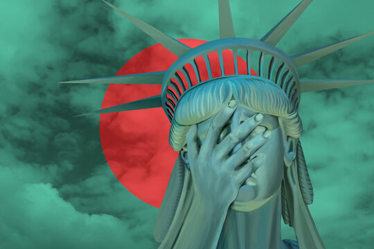 Statue of Liberty. Facepalm emoji on background in colors of Bangladesh flag
