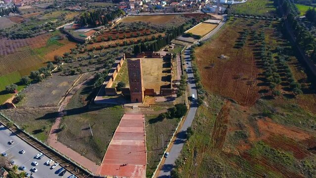 drone shot of the tower of the chateau el mansourah Tlemcen Algeria