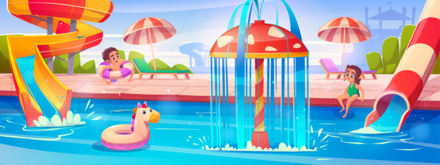 Happy children playing in aquapark. Vector cartoon illustration of little boy and girl near swimming pool, spiral water slides, inflatable unicorn ring, colorful umbrella, chaise lounge. Summer rest