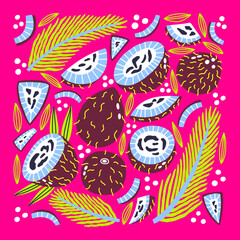 Decorative acid set tropical fruit coconut and palm leaf.  Exotic fresh food vibrant neon collection. Hand drawn vector