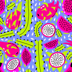 Seamless pattern acid dragon fruit cactus. Hand Drawn vibrant neon exotic food. Vector trendy surface background for fabric, textile, wallpaper