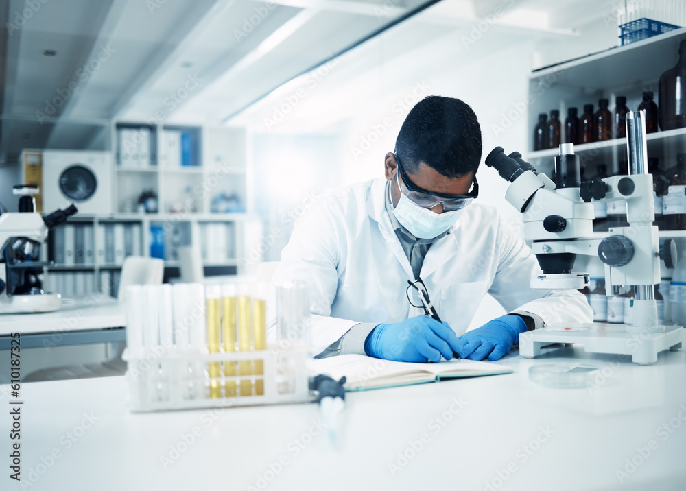 Poster man, scientist and writing notes in research for discovery, breakthrough innovation and information 