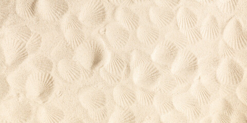 Texture of beach sand with seashells imprint. Beach sand texture in summer sun. Seashells on sand...