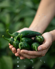 Jalapeno hot pepper plant in raindrops in hands of women. Watering plants. Ripening pepper in garden. Growing plants. Hot pepper. Agriculture. Front view. Background of green leaves. Soft focus.