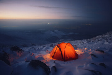 A snowy wilderness at night a tent, sleeping bag, and the starry sky above. AI Generative