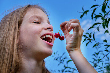 A smiling, positive teenage girl in the garden holds a ripe cherry in her hand and eats it, against the blue sky. Cherry harvesting